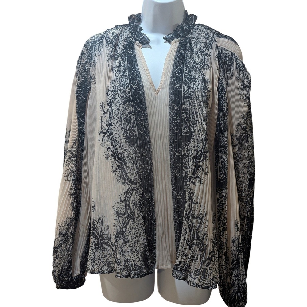 Anthropologie Forever That Girl Pleated Sheer Cream/Black Oversized Boho Top‎ XS